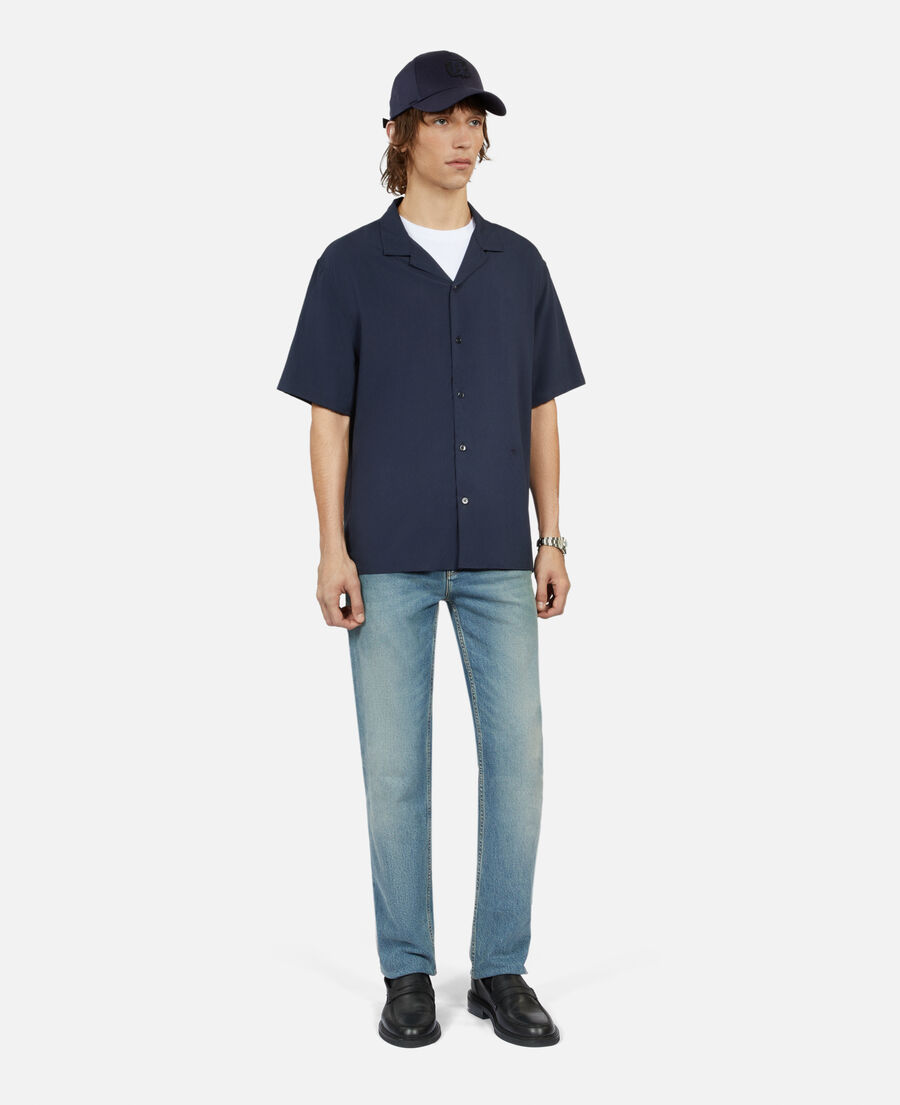 navy blue short-sleeved shirt