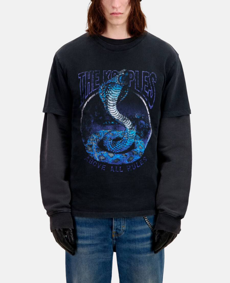 The Kooples MEN BLACK WASHED men's black t-shirt cobra serigraphy