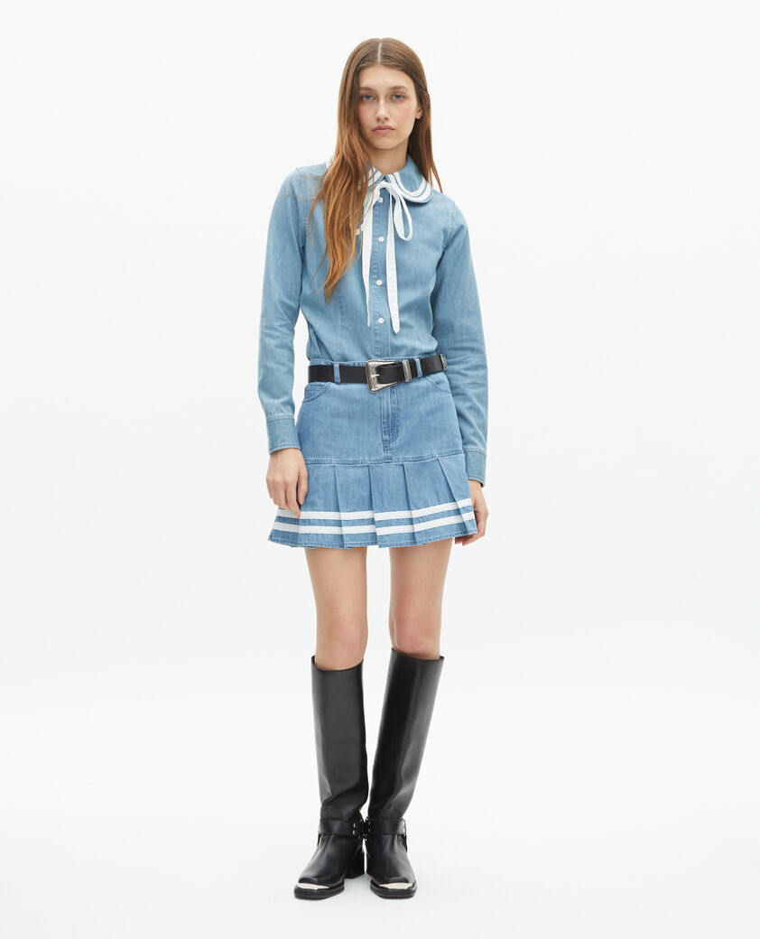 The Kooples FEMME BABY BLUE jupe courte pliss&eacute;e en denim