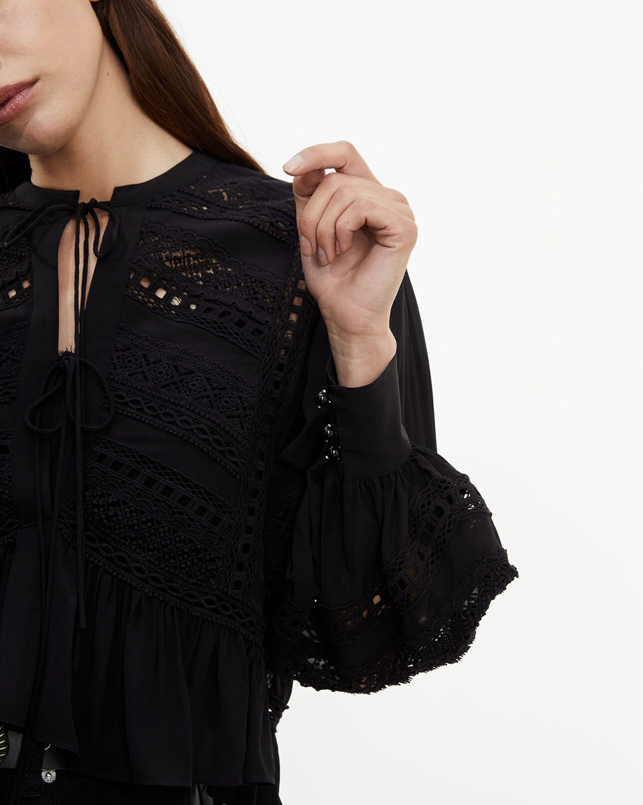 The Kooples WOMEN BLACK flowing black top with frill and lace