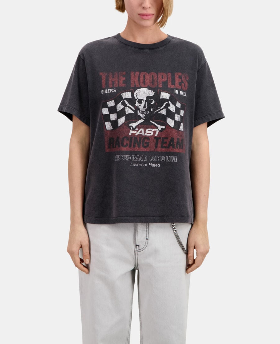 The Kooples DAMEN BLACK WASHED schwarzes t-shirt damen mit racing-skull-siebdruck