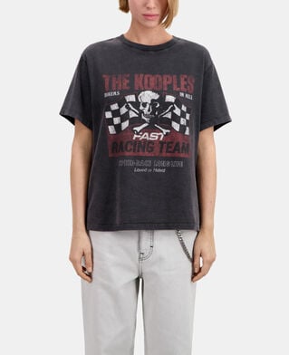 The Kooples DAMEN BLACK WASHED schwarzes t-shirt damen mit racing-skull-siebdruck