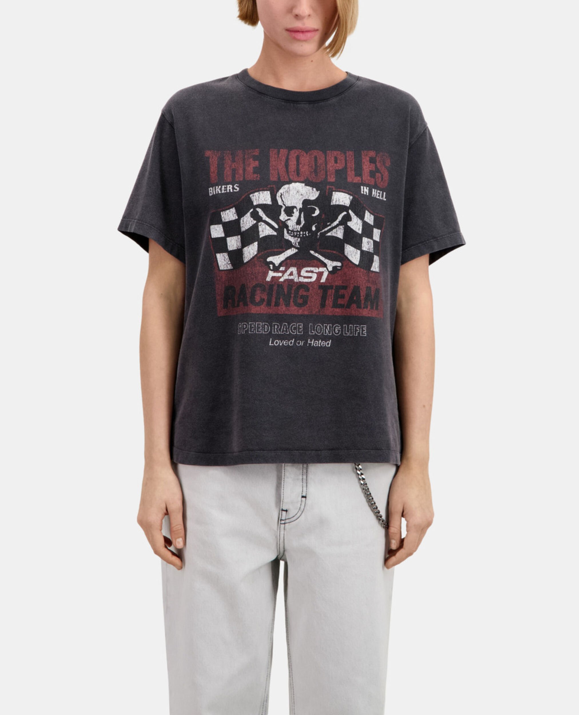 Schwarzes T-Shirt Damen mit Racing-Skull-Siebdruck, BLACK WASHED, hi-res image number null