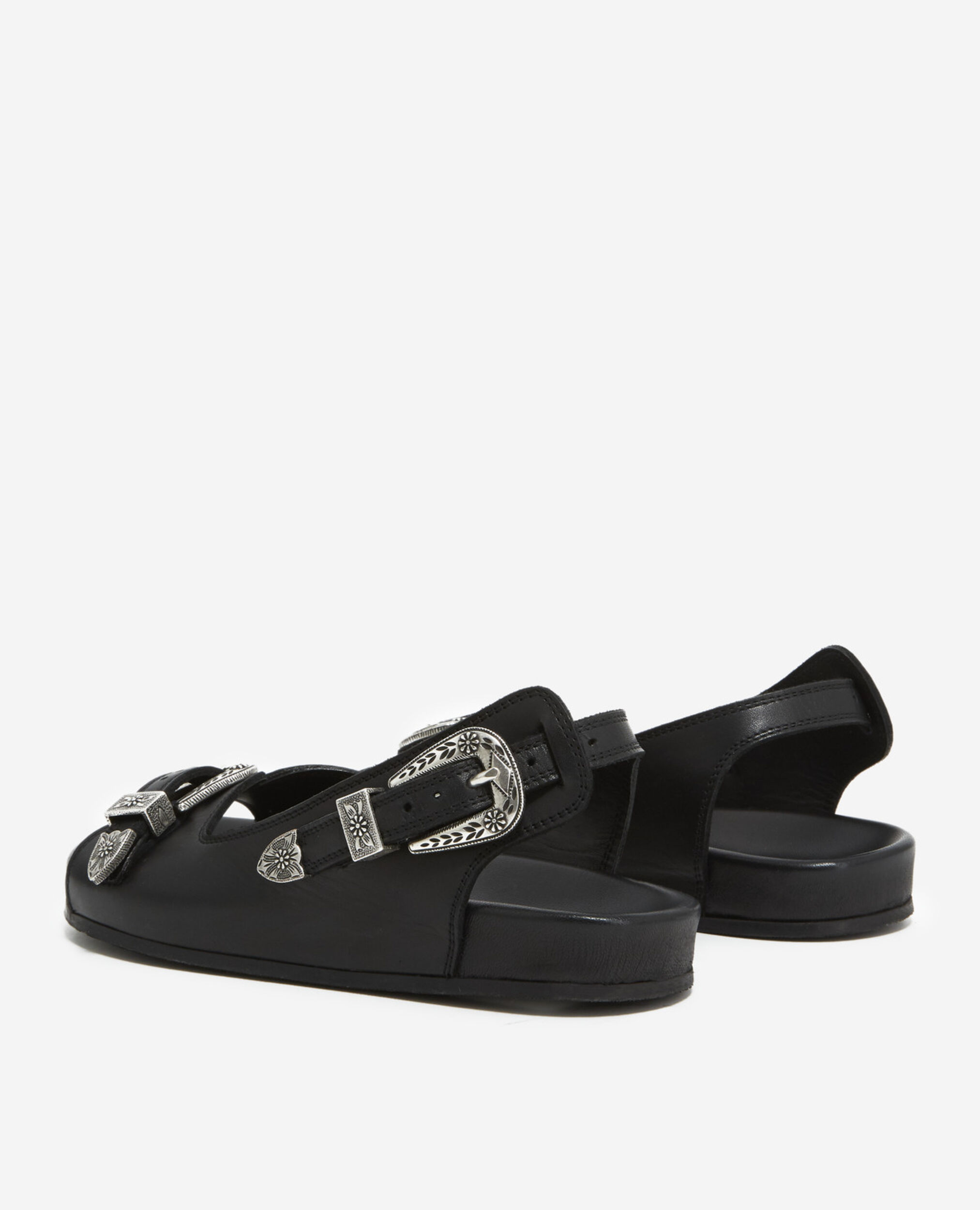 Flat black leather sandals with western details, BLACK, hi-res image number null