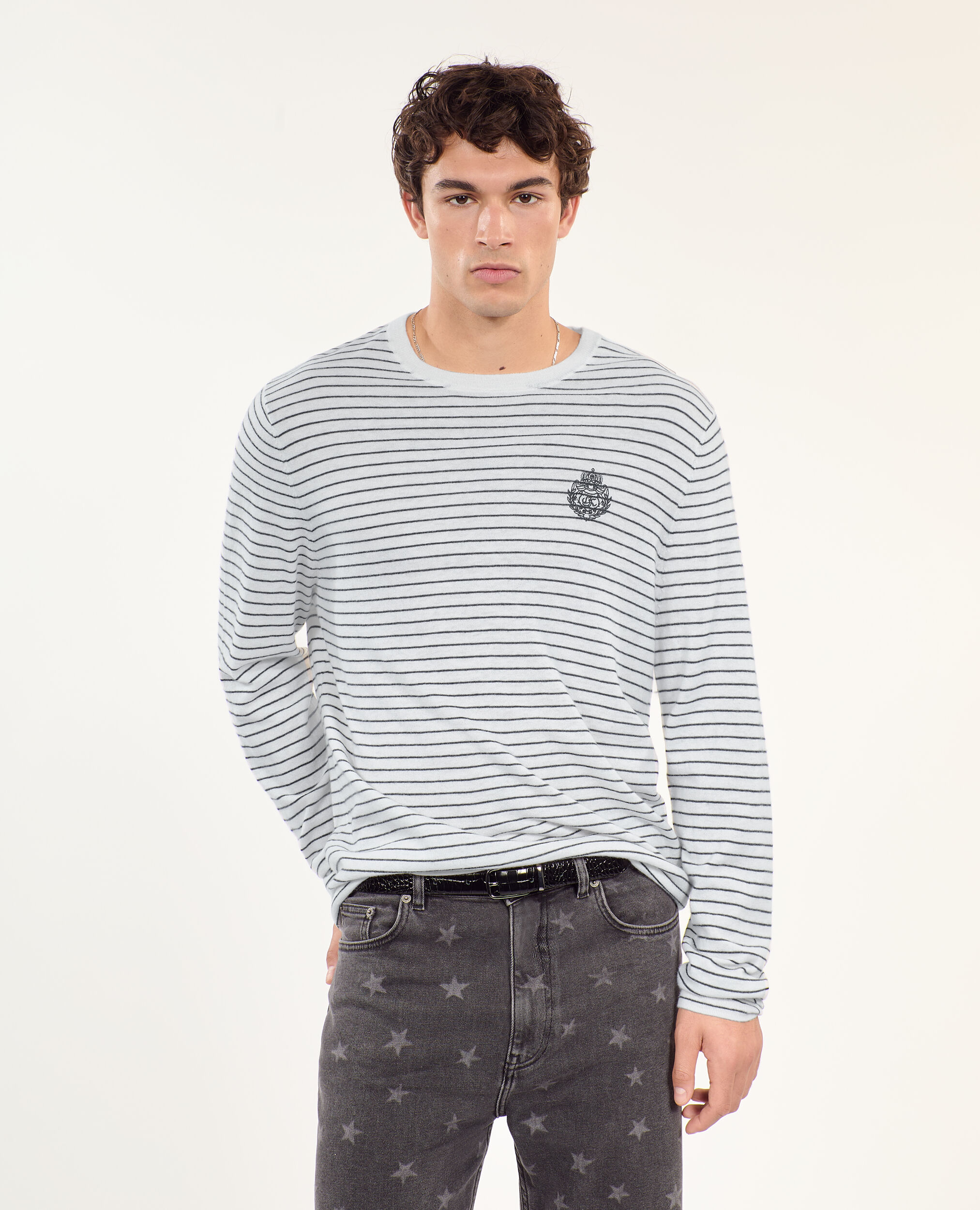 Pull Blason à rayures en laine et cachemire, WHITE / BLUE, hi-res image number null