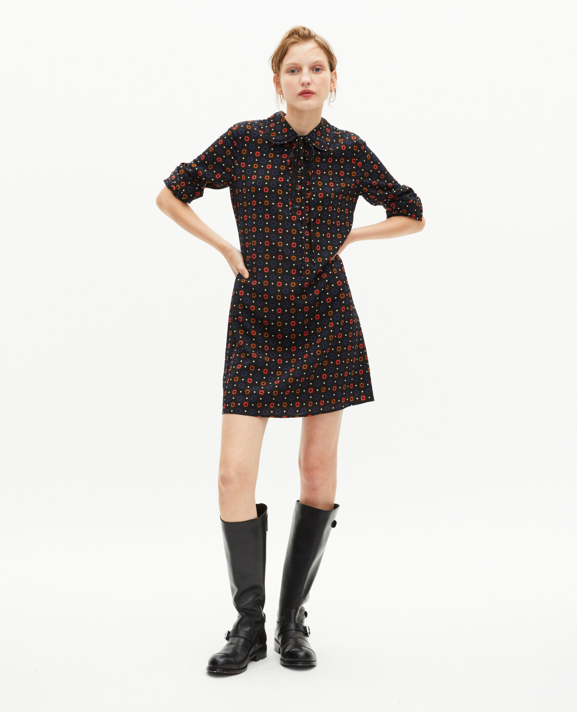 Robe courte en imprimé en soie mélangée noire, BLACK MELANGE, hi-res image number null