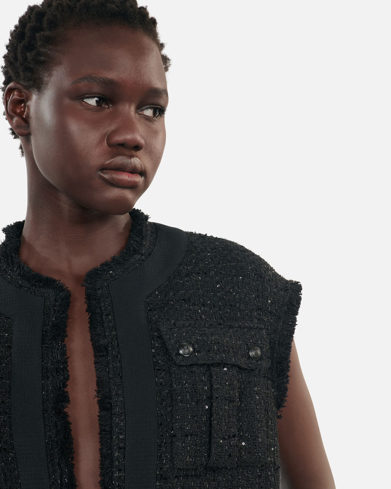 The Kooples WOMEN BLACK black tweed sleeveless jacket