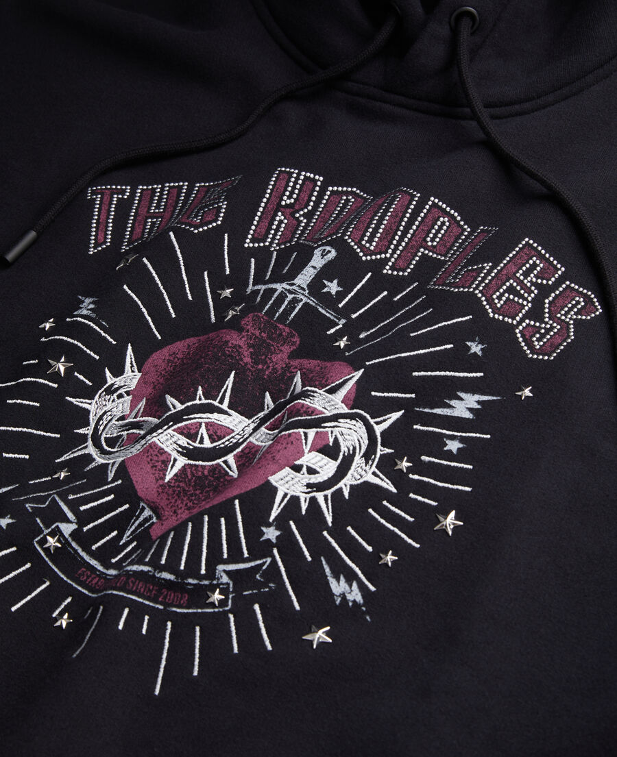 women's black hoodie with dagger through heart serigraphy