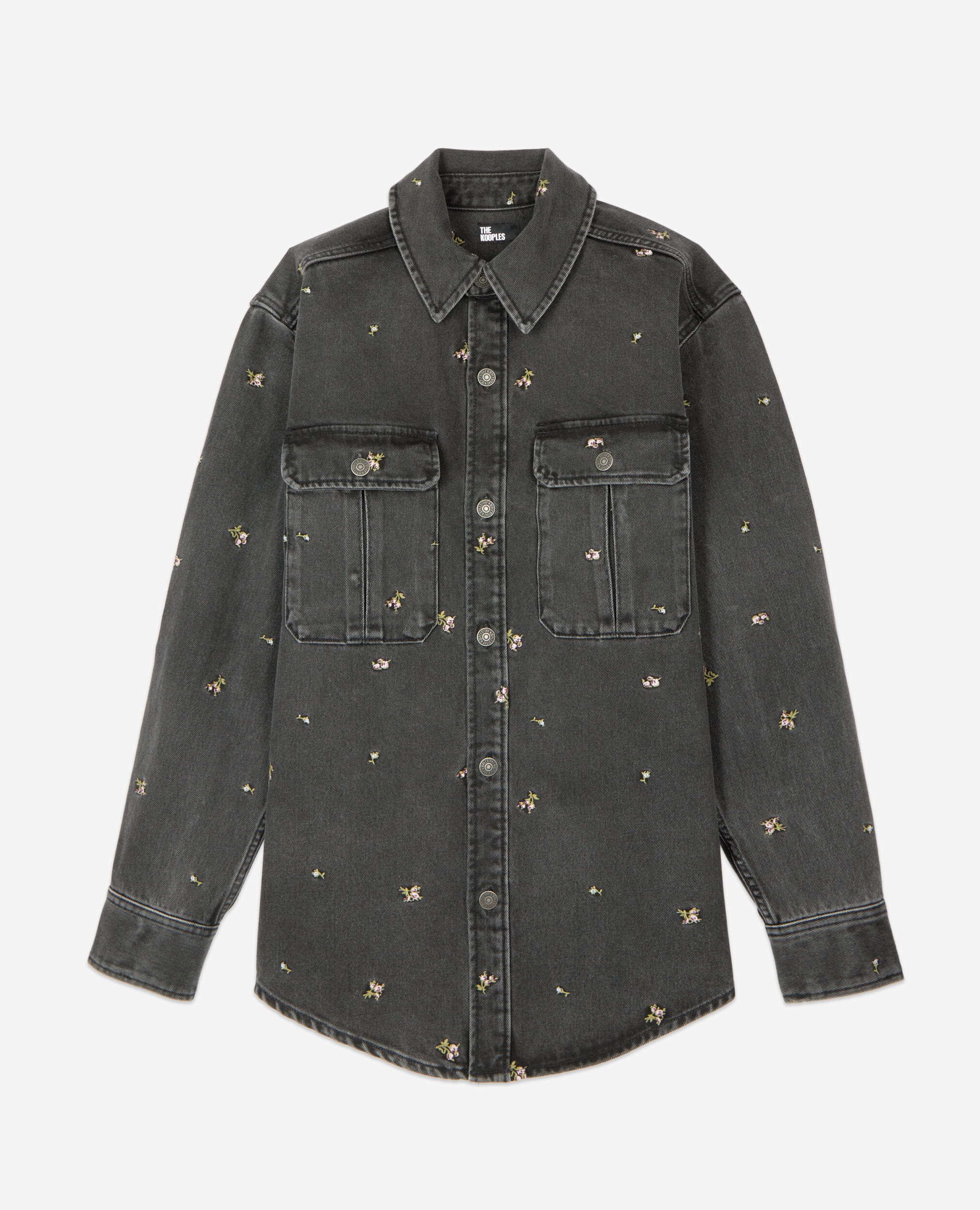 Grey denim overshirt with floral embroidery, GREY, hi-res image number null