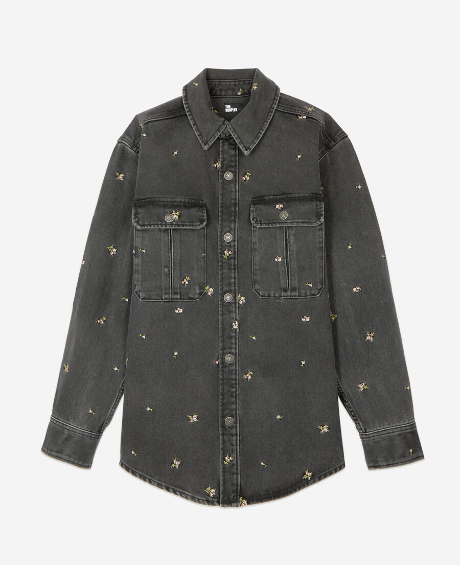 grey denim overshirt with floral embroidery