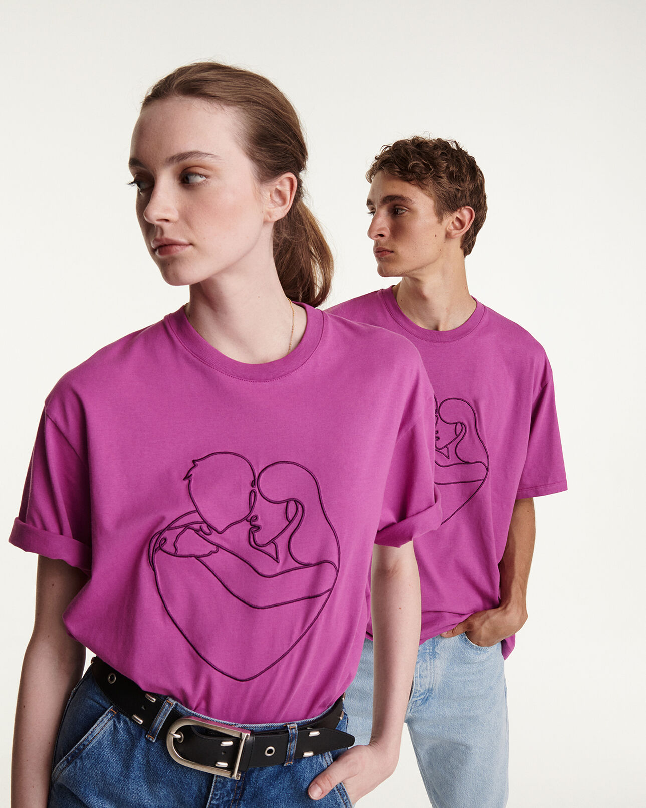 The Kooples HOMME PURPLE t-shirt rose coton brodé ton sur ton