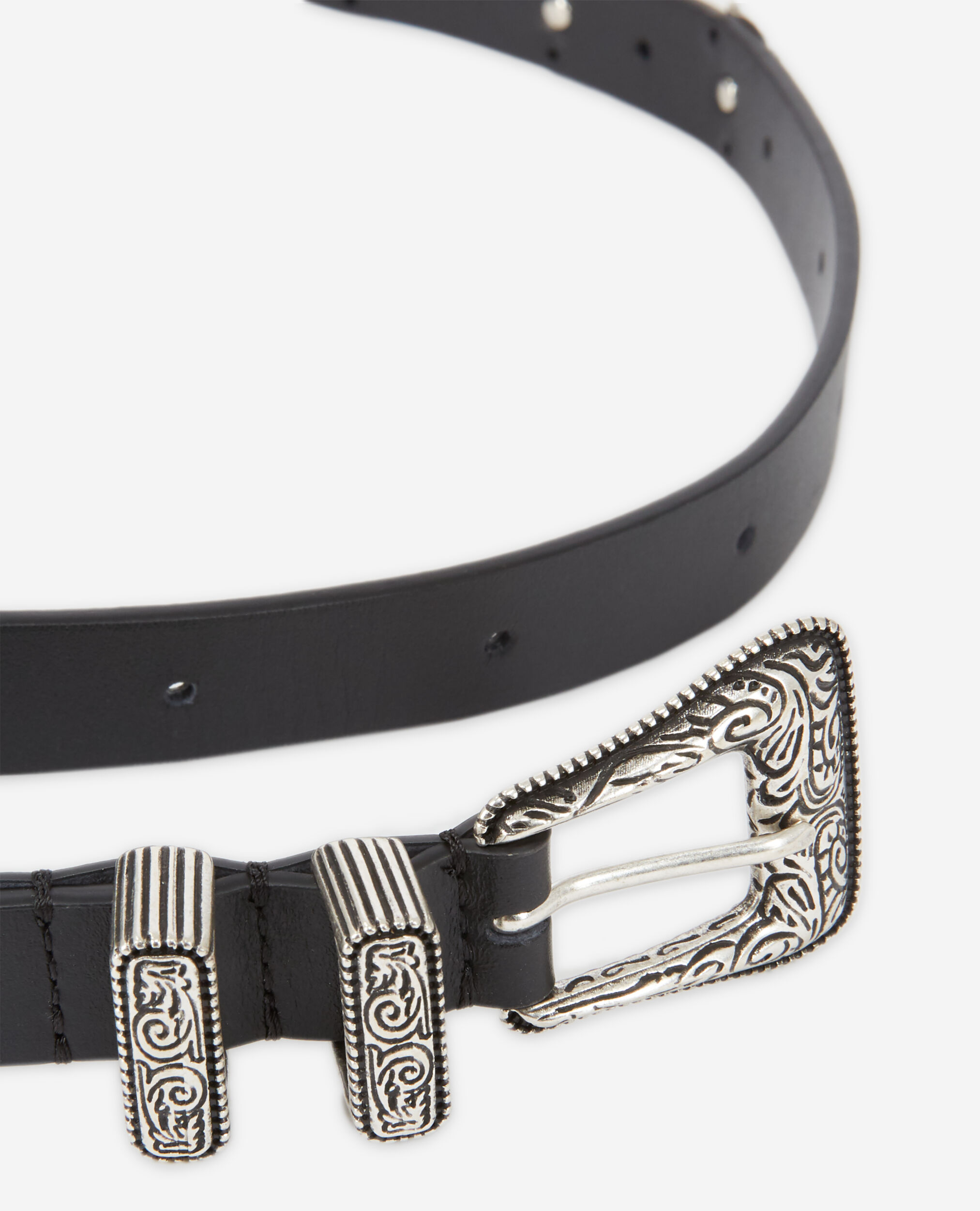 Thin black belt with logo and Western-style buckle, BLACK, hi-res image number null