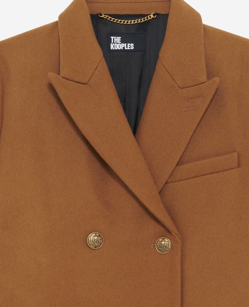 The Kooples WOMEN CAMEL MELANGE / BURGUNDY long double-breasted camel wool coat