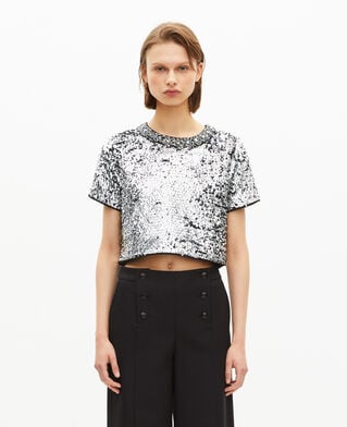 The Kooples WOMEN SILVER silver sequin crop top