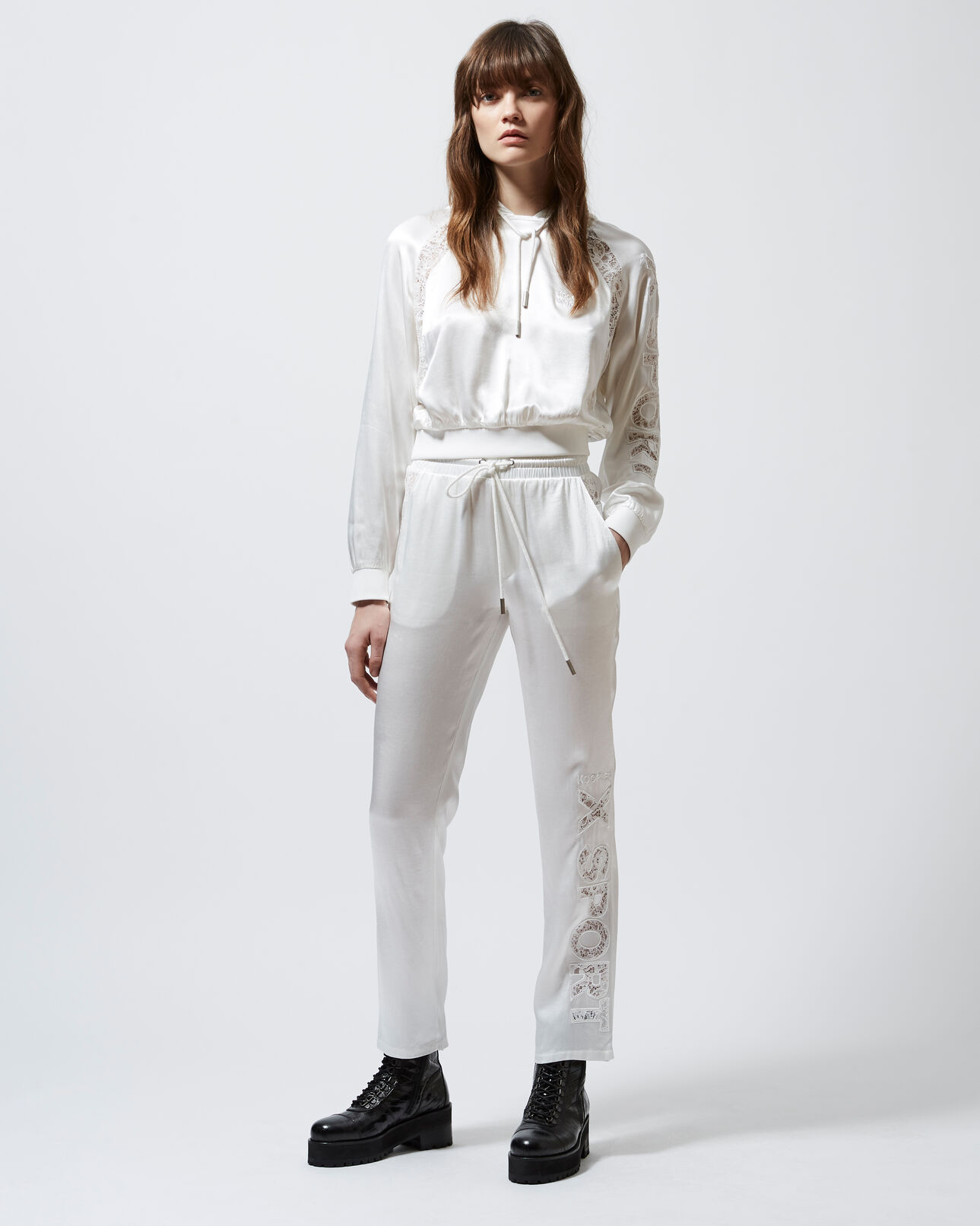 The Kooples WOMEN ECRU flowing white trousers with lace finish