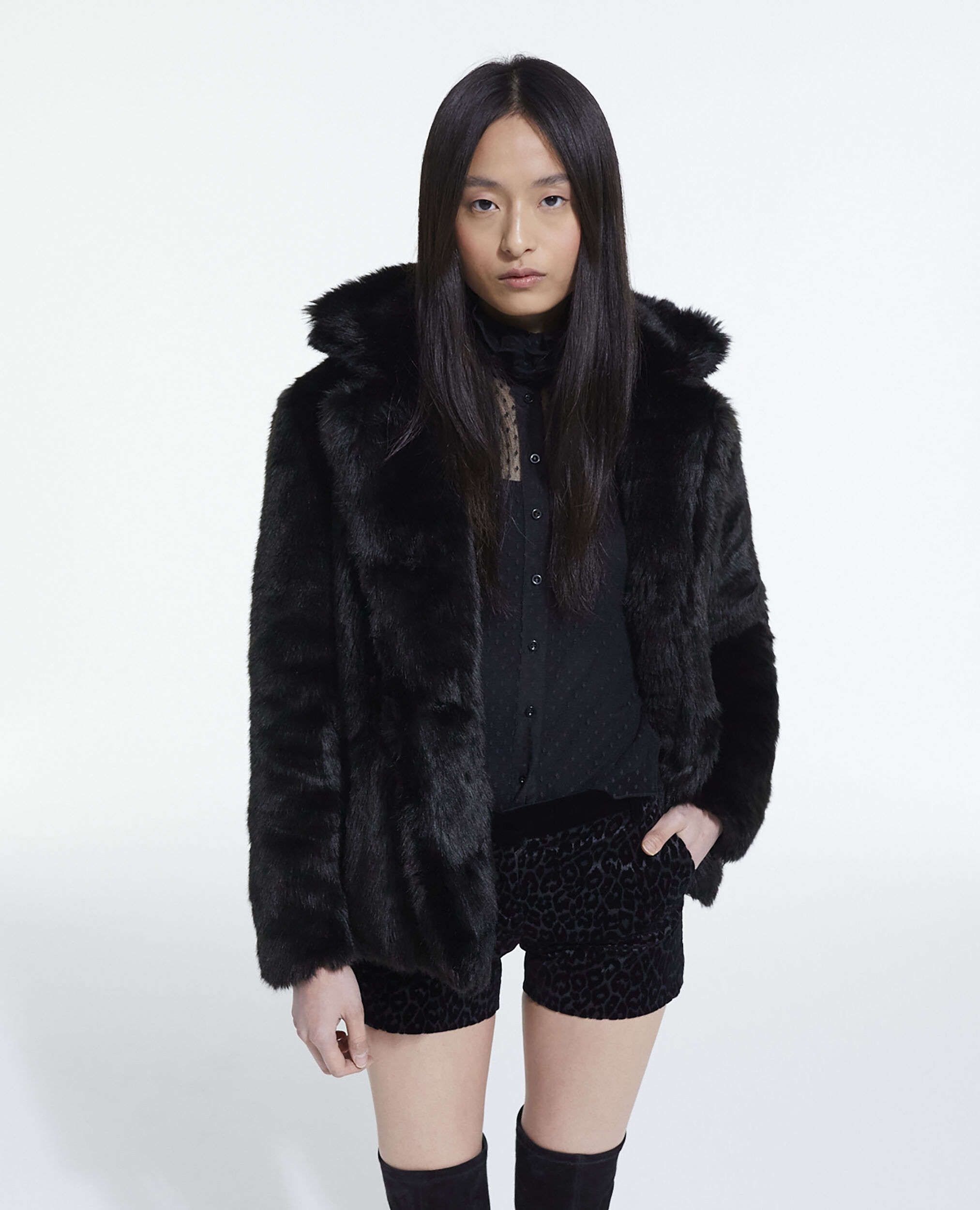Black faux fur coat, BLACK, hi-res image number null