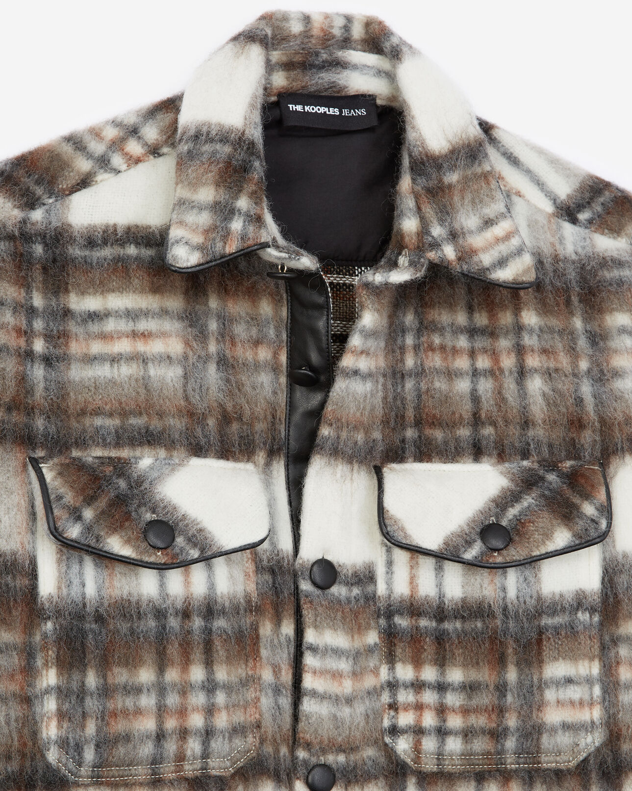 The Kooples WOMEN BROWN/WHITE oversized wool blend check shirt jacket with leather details