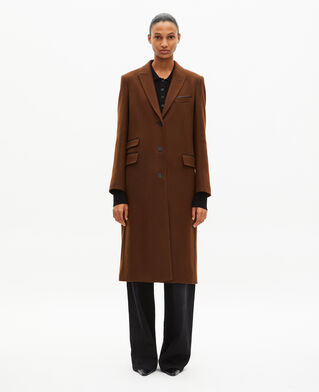 The Kooples FEMME CHOCOLATE manteau long en laine avec d&eacute;tails de cuir marron