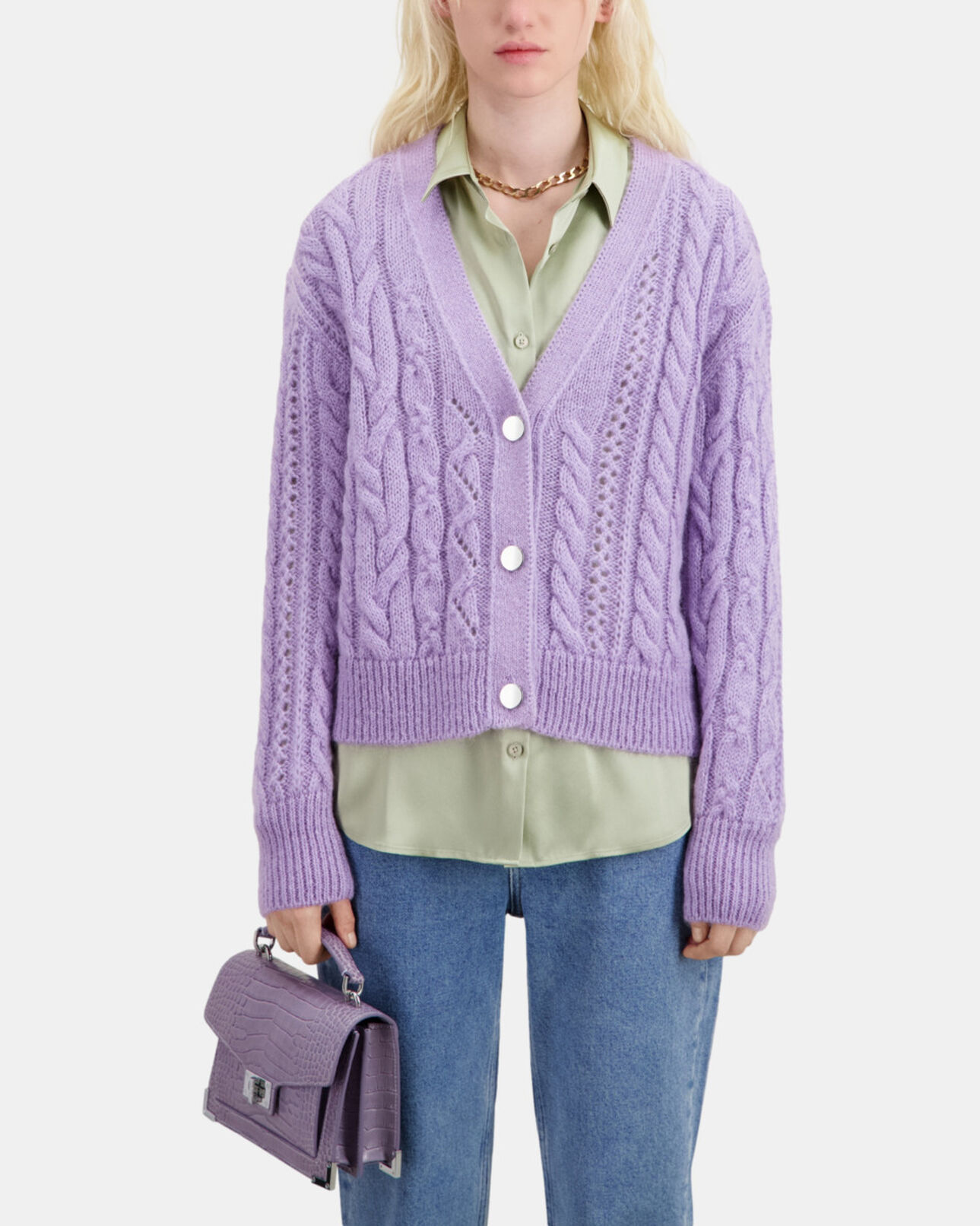 The Kooples MUJER VIOLET cárdigan malva mezcla lana punto ochos
