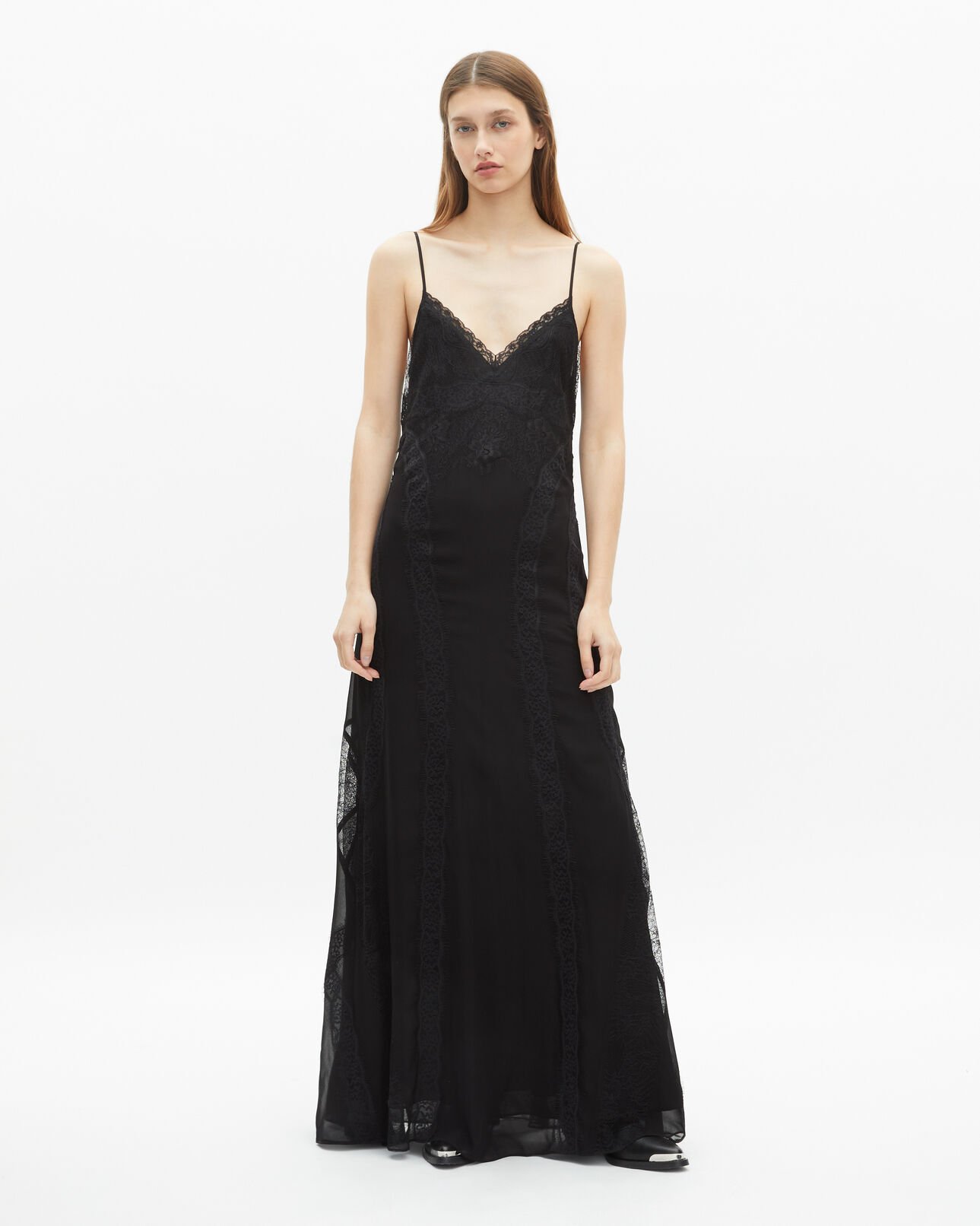 The Kooples DAMEN BLACK langes kleid mit schwarzer spitze