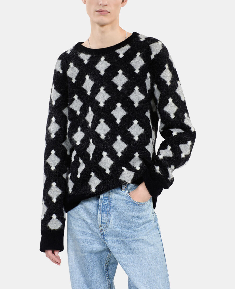 The Kooples H BLACK GREY WHITE black and grey wool and alpaca diamond sweater