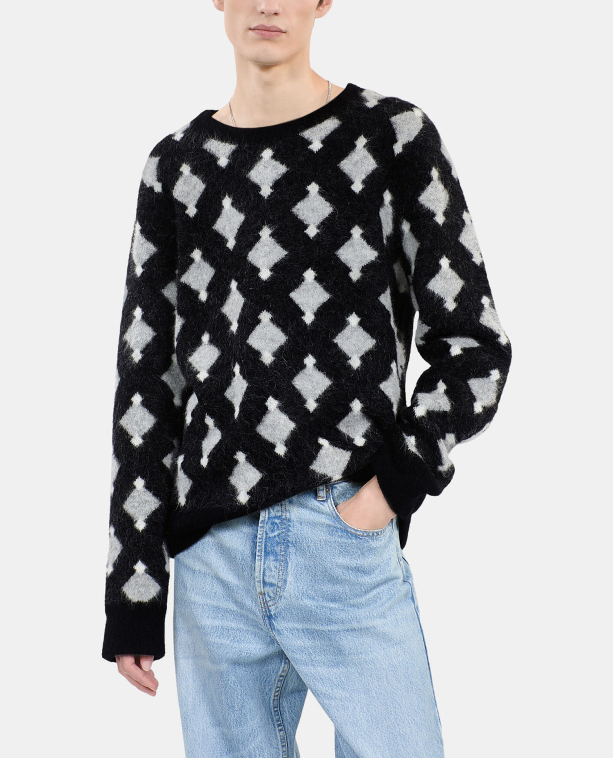 Black and grey wool and alpaca diamond sweater, BLACK GREY WHITE, hi-res image number null