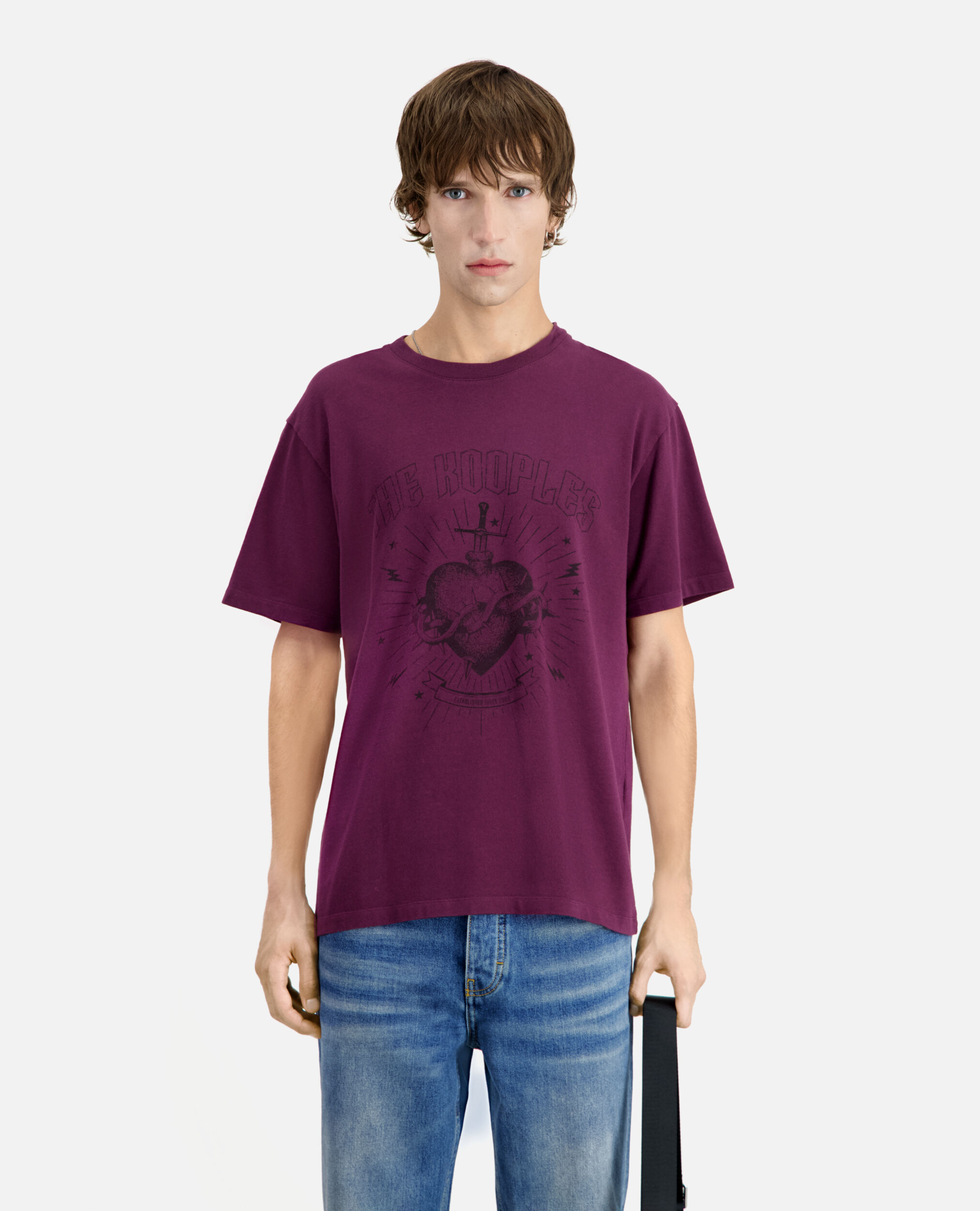Men's burgundy t-shirt with dagger through heart serigraphy, BORDEAUX, hi-res image number null