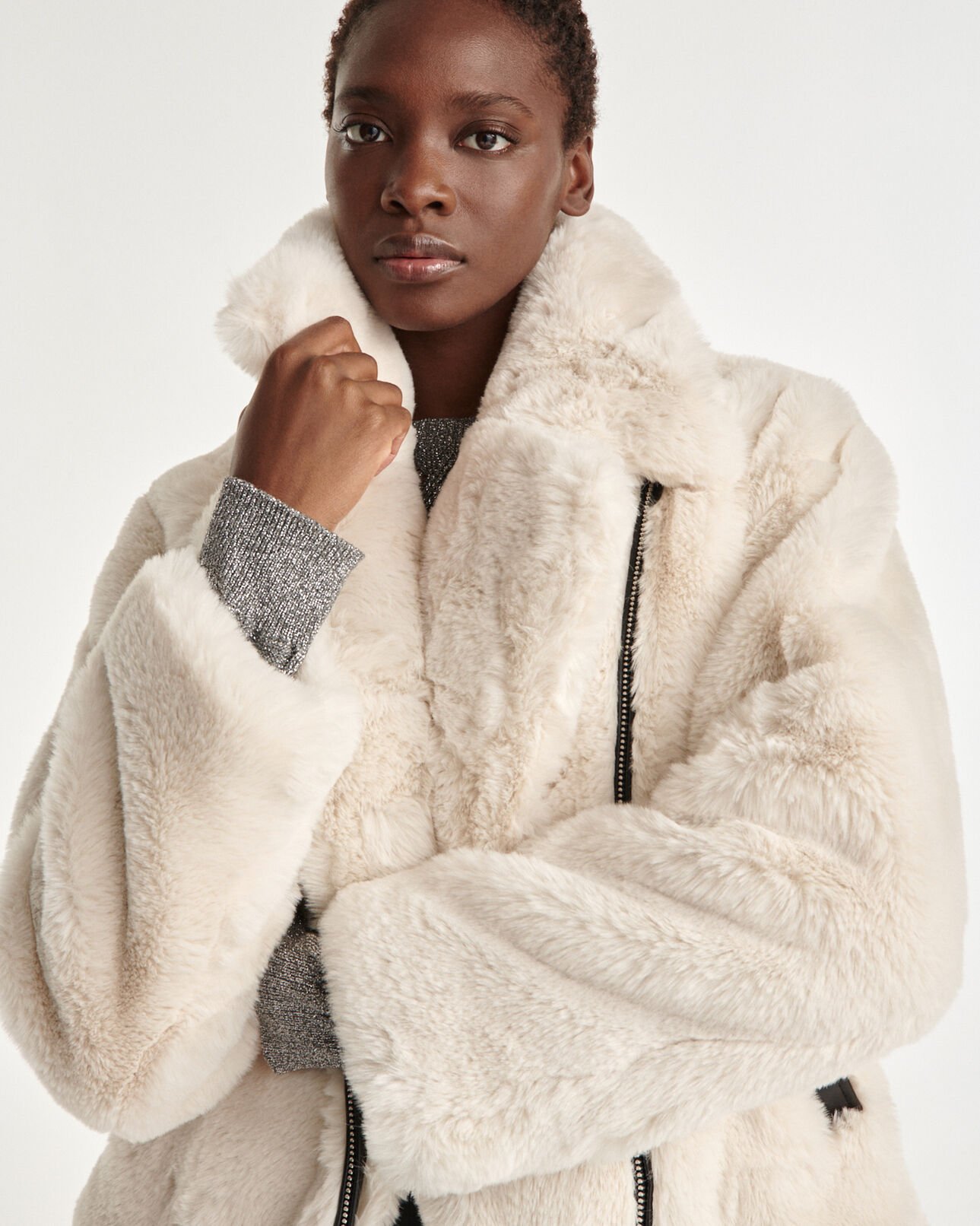 The Kooples WOMEN WHITE white faux fur coat with leather