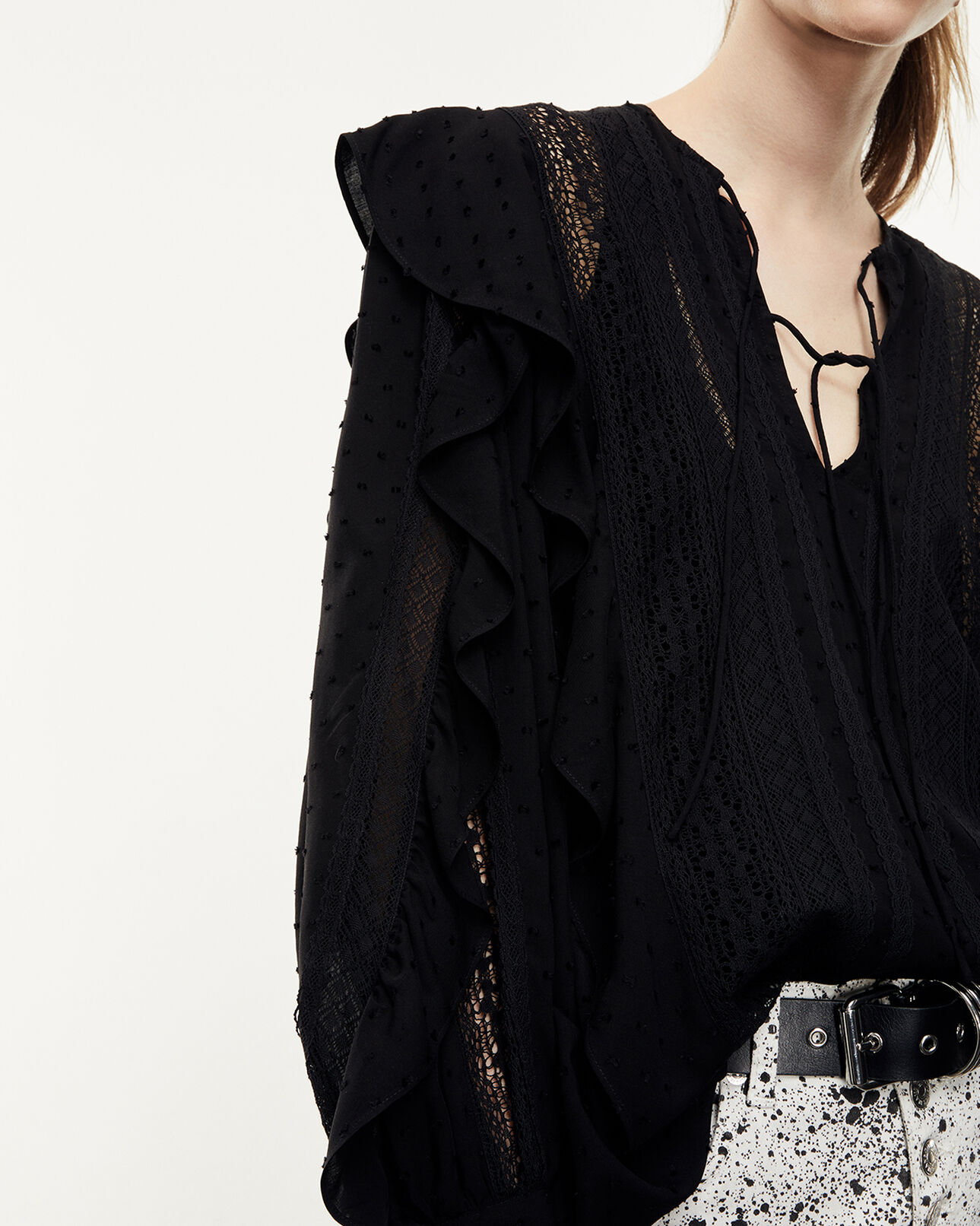 The Kooples WOMEN BLACK flowing flounced black top with lace