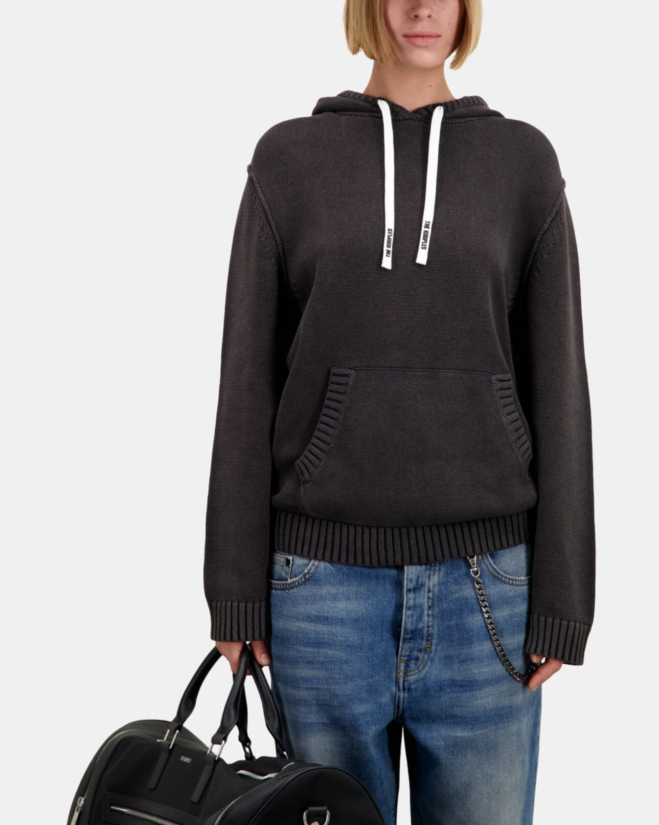 The Kooples WOMEN BLACK WASHED black cotton and wool hooded sweater
