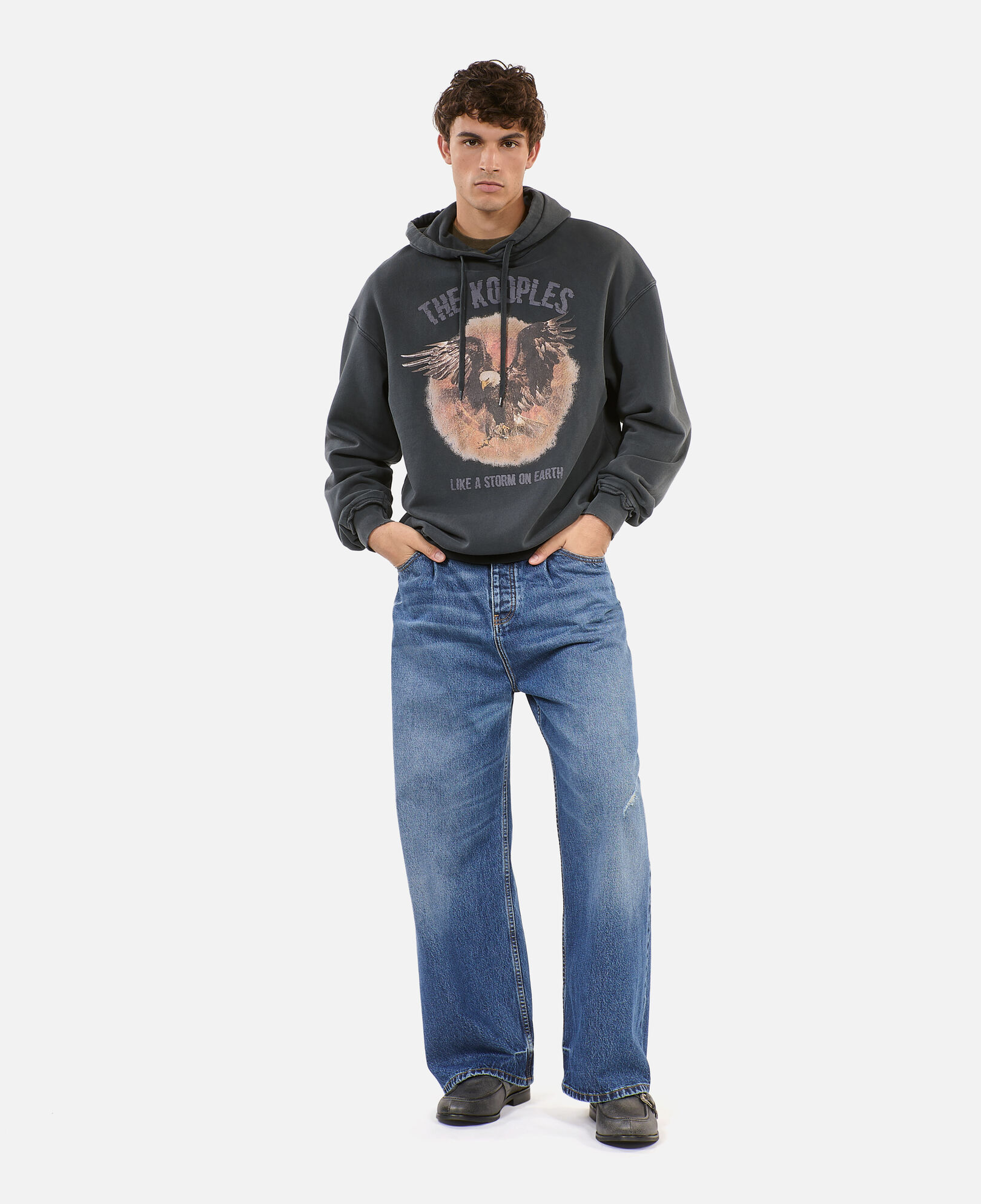 The Kooples H BLACK WASHED black hoodie with serigraphy