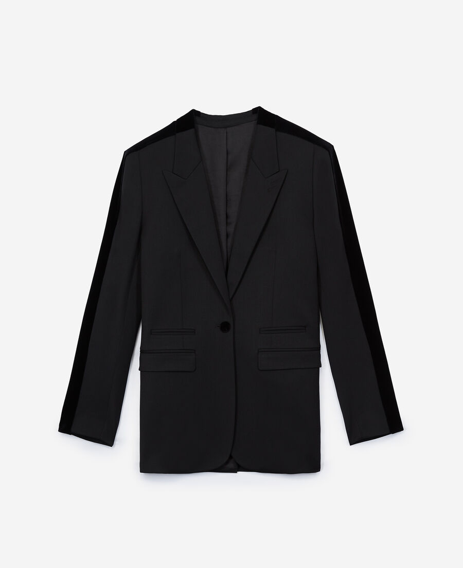 black suit jacket with velvet trims