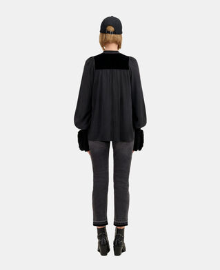 The Kooples FEMME BLACK top noir en soie avec empi&egrave;cement en velours