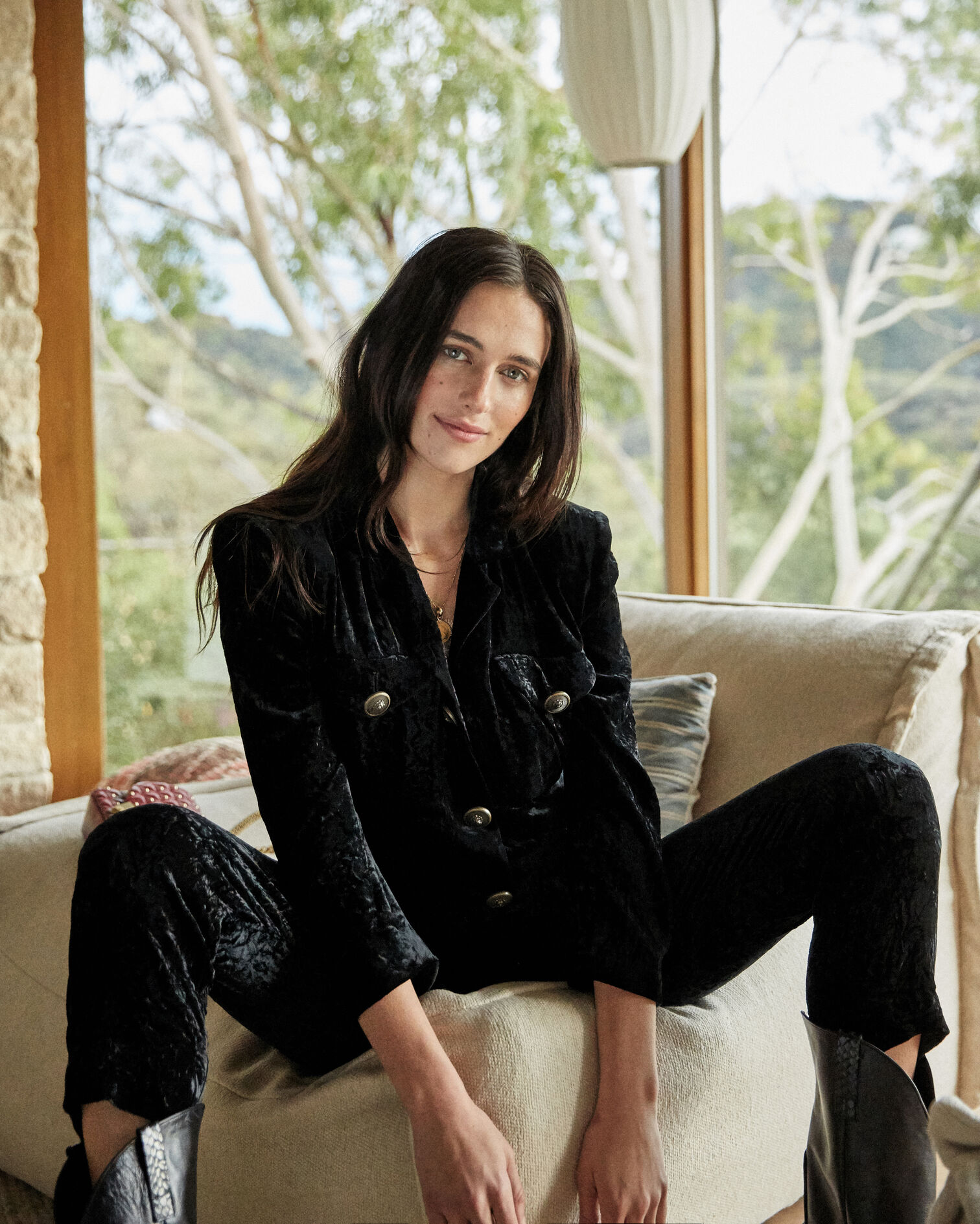 Black crushed velvet jacket with patch pockets, BLACK, hi-res image number null
