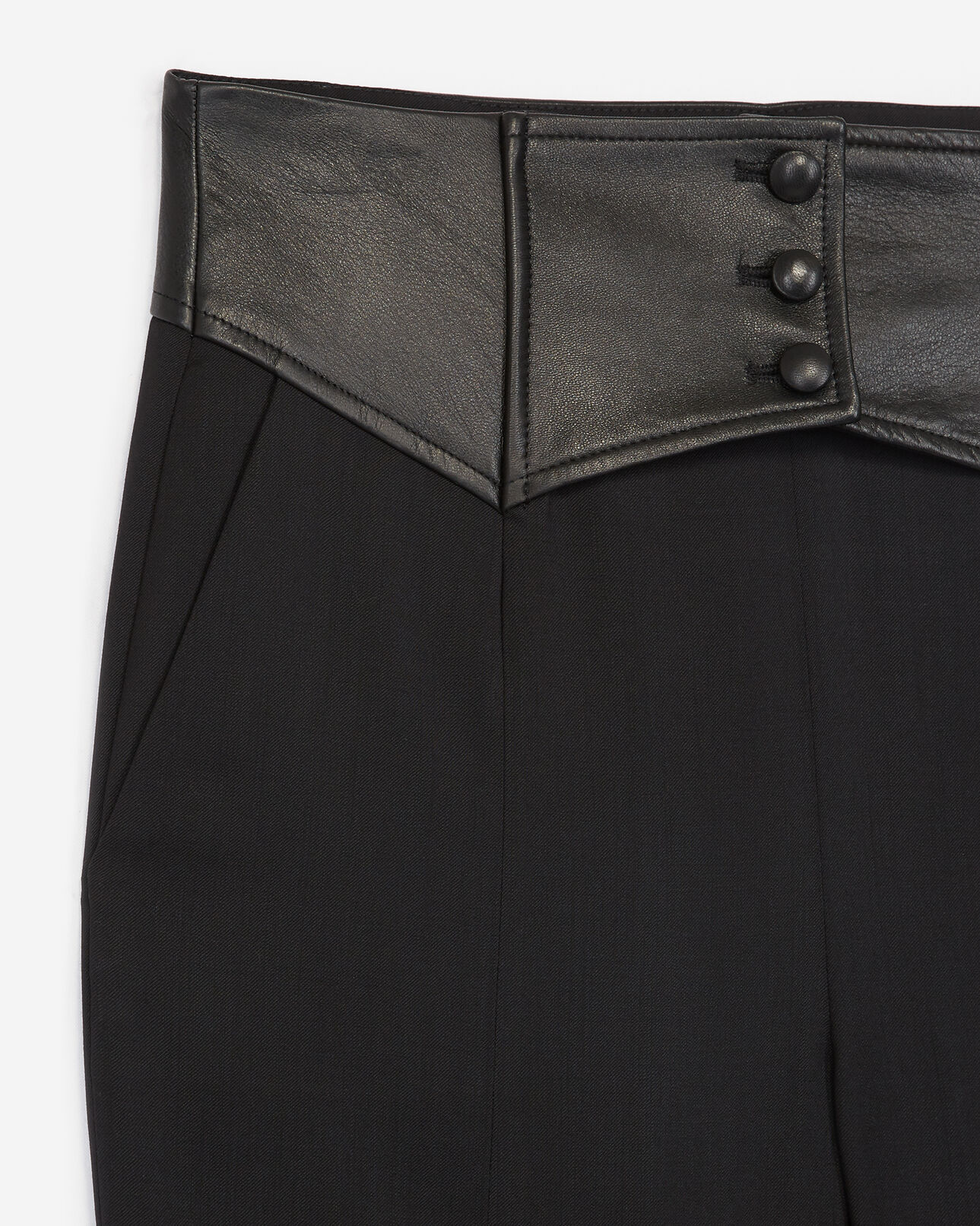 The Kooples FEMME BLACK pantalon taille haute noir laine détails cuir
