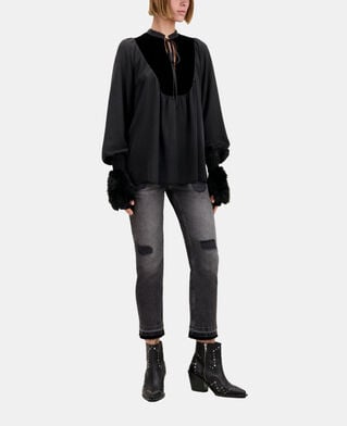 The Kooples WOMEN BLACK black silk top with velvet details