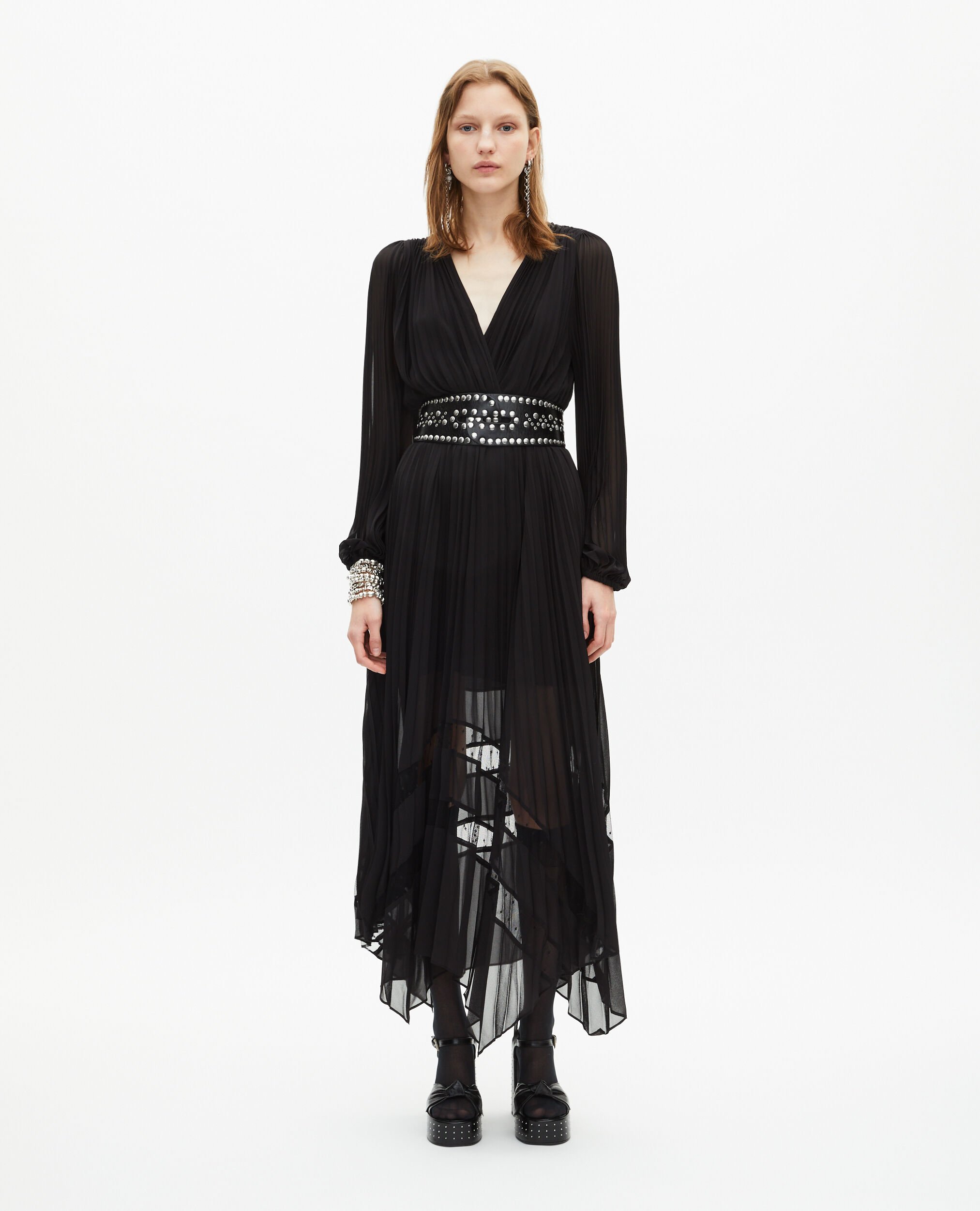 Vestido largo plisado negro, BLACK, hi-res image number null