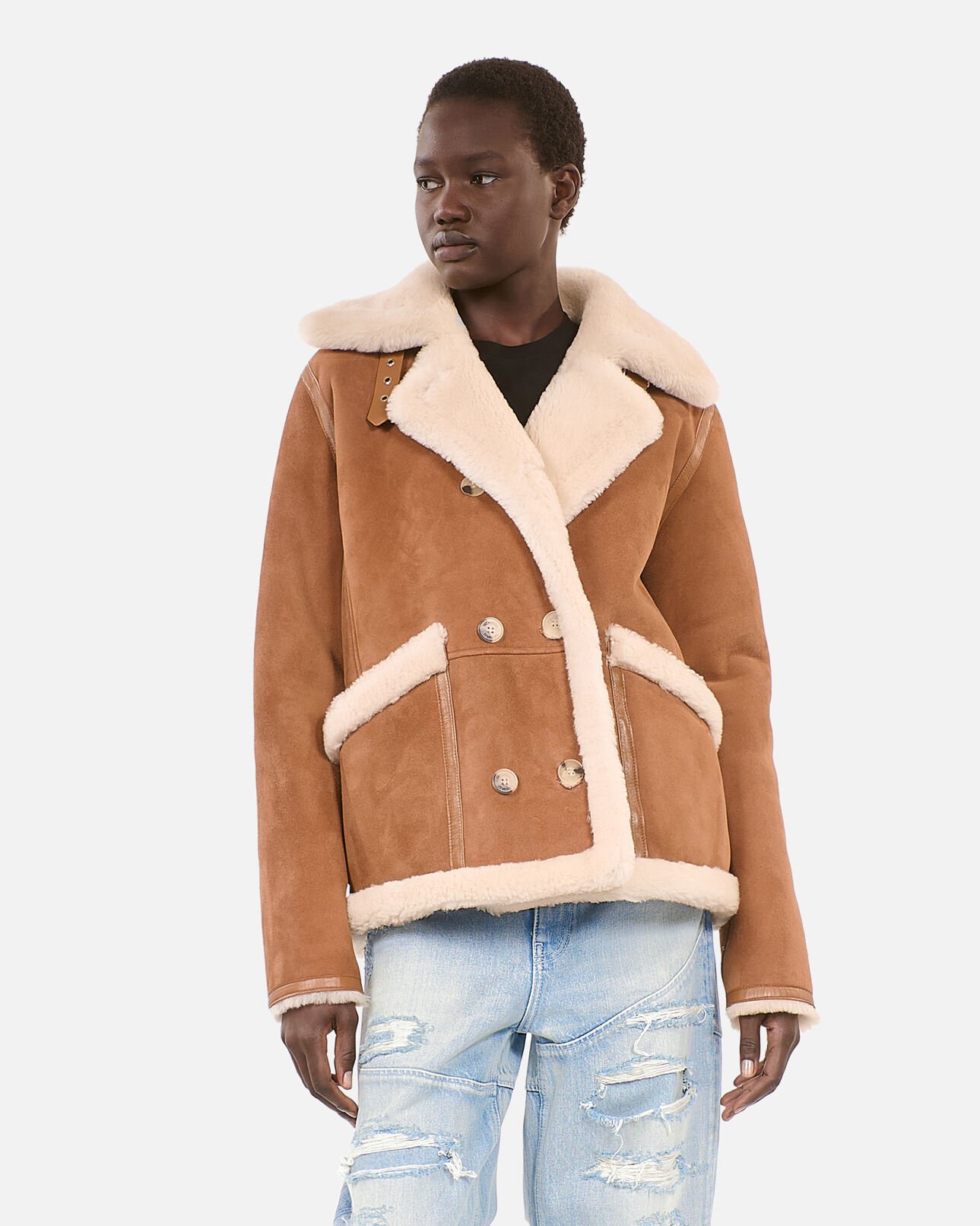 The Kooples WOMEN BROWN-BEIGE short brown shearling coat