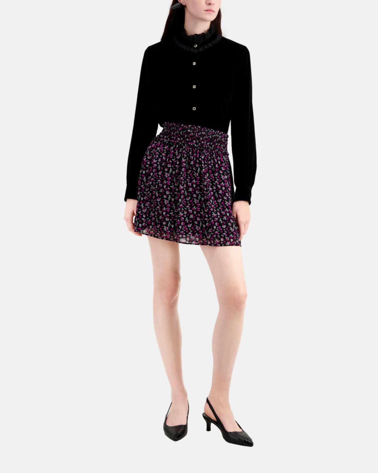 The Kooples WOMEN BLACK / PINK short printed skirt with smocking