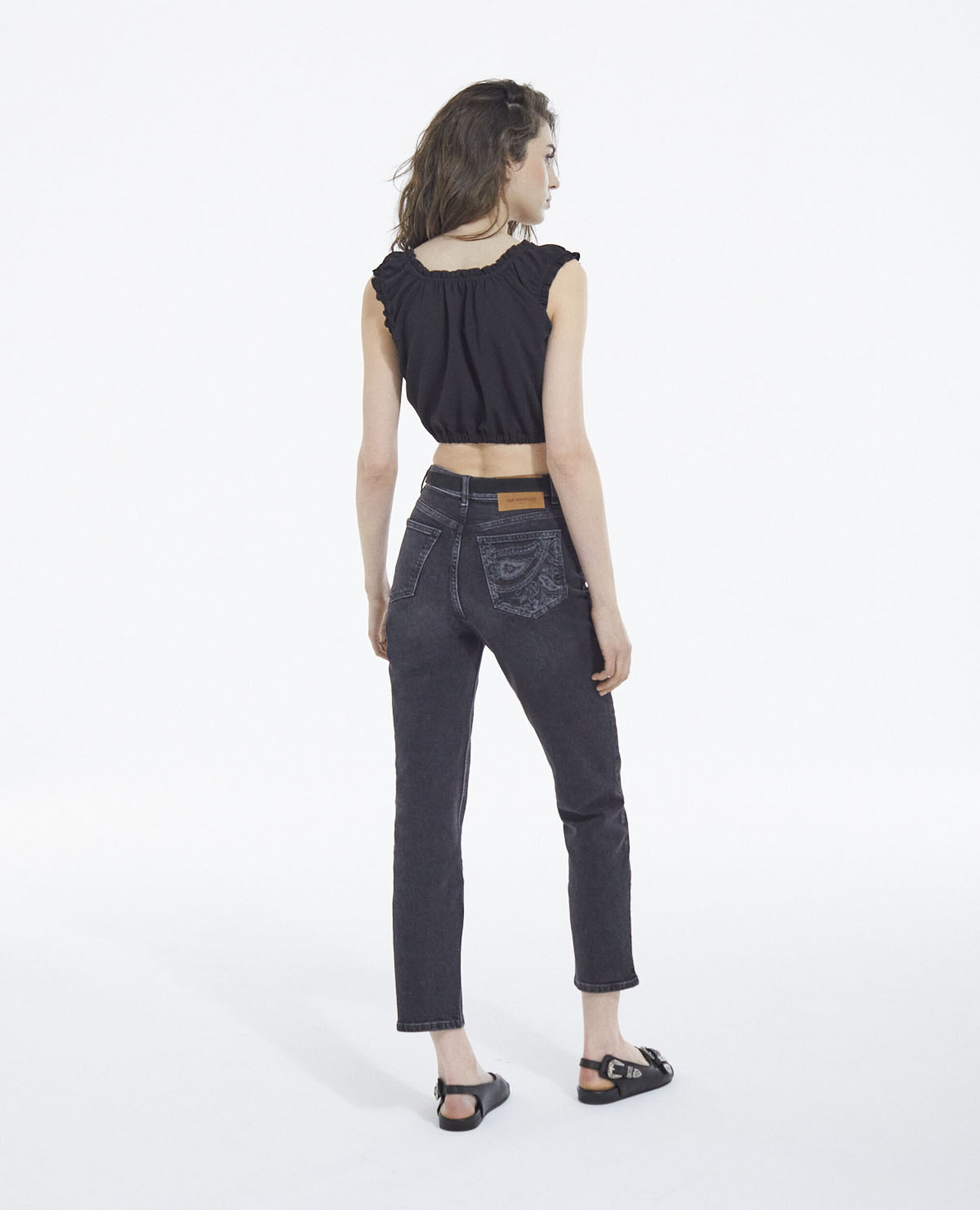 Black crepe top with short puffed sleeves, BLACK, hi-res image number null