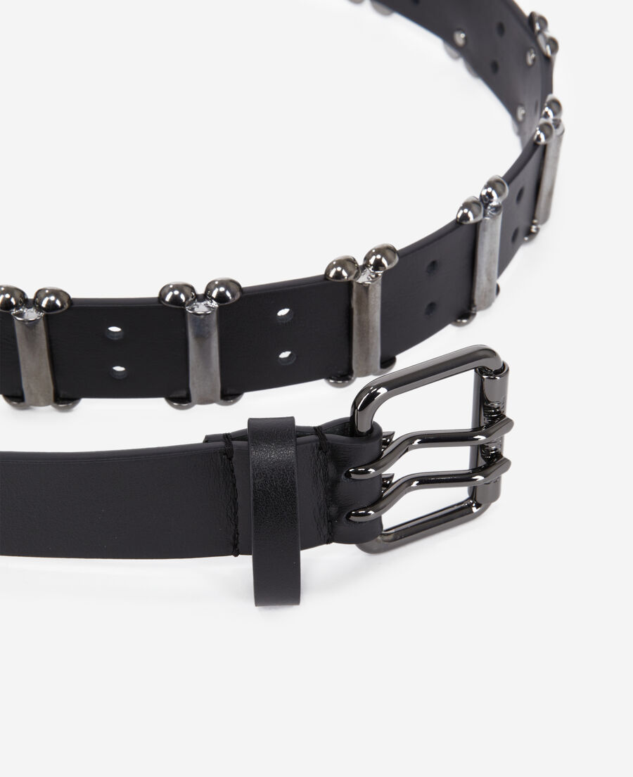 ceinture en cuir noir avec empiècements métalliques