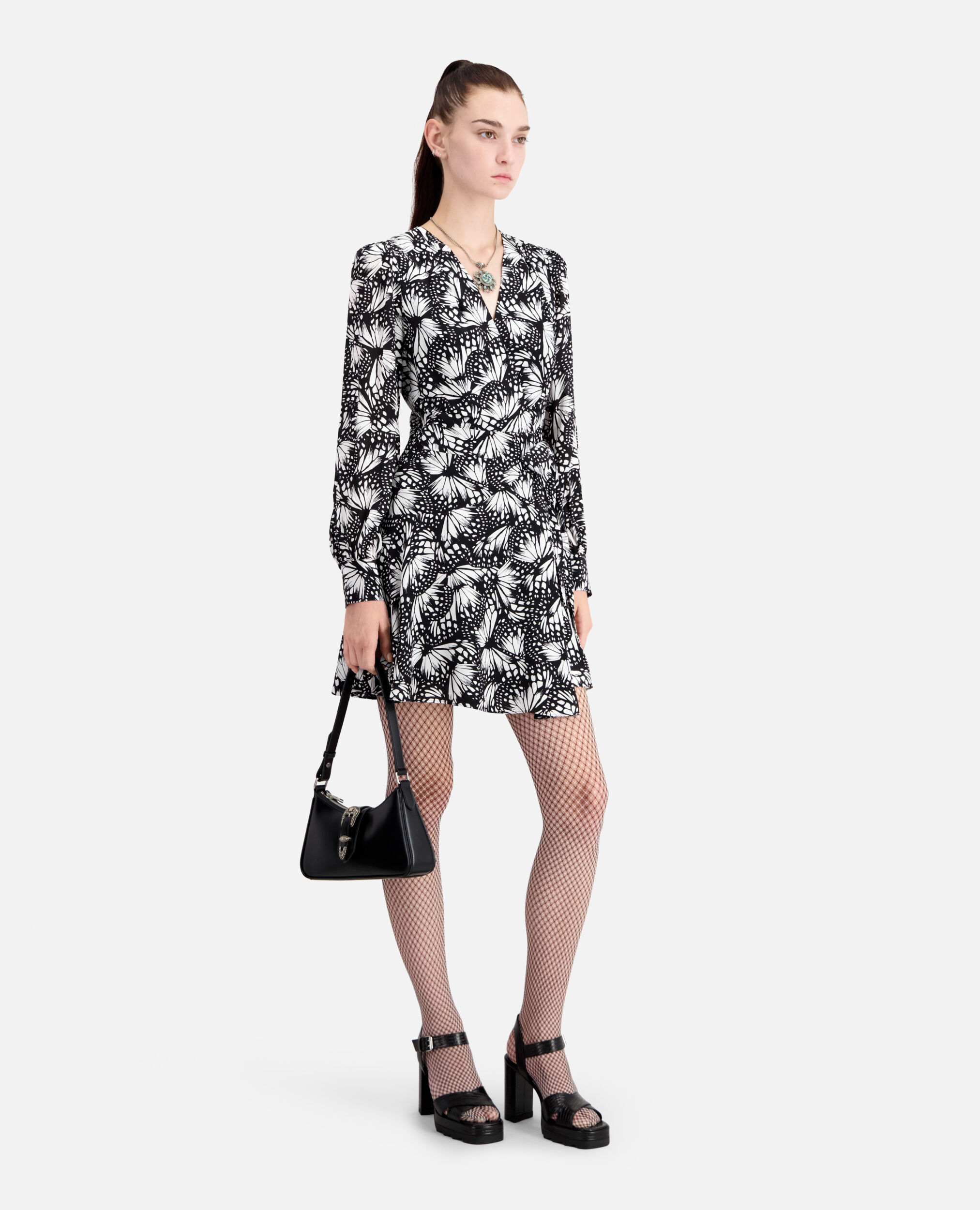 Short printed wrap dress, BLACK WHITE, hi-res image number null