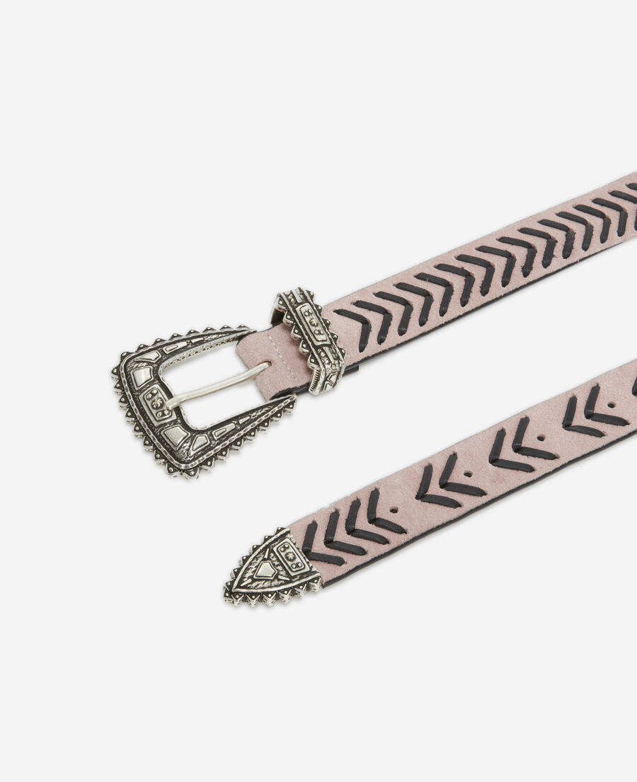 thin pink leather belt with braided detail