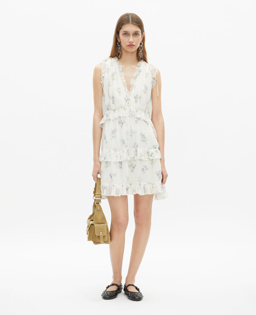 The Kooples FEMME WHITE / SKY BLUE robe courte à volants imprimé fleuri blanc