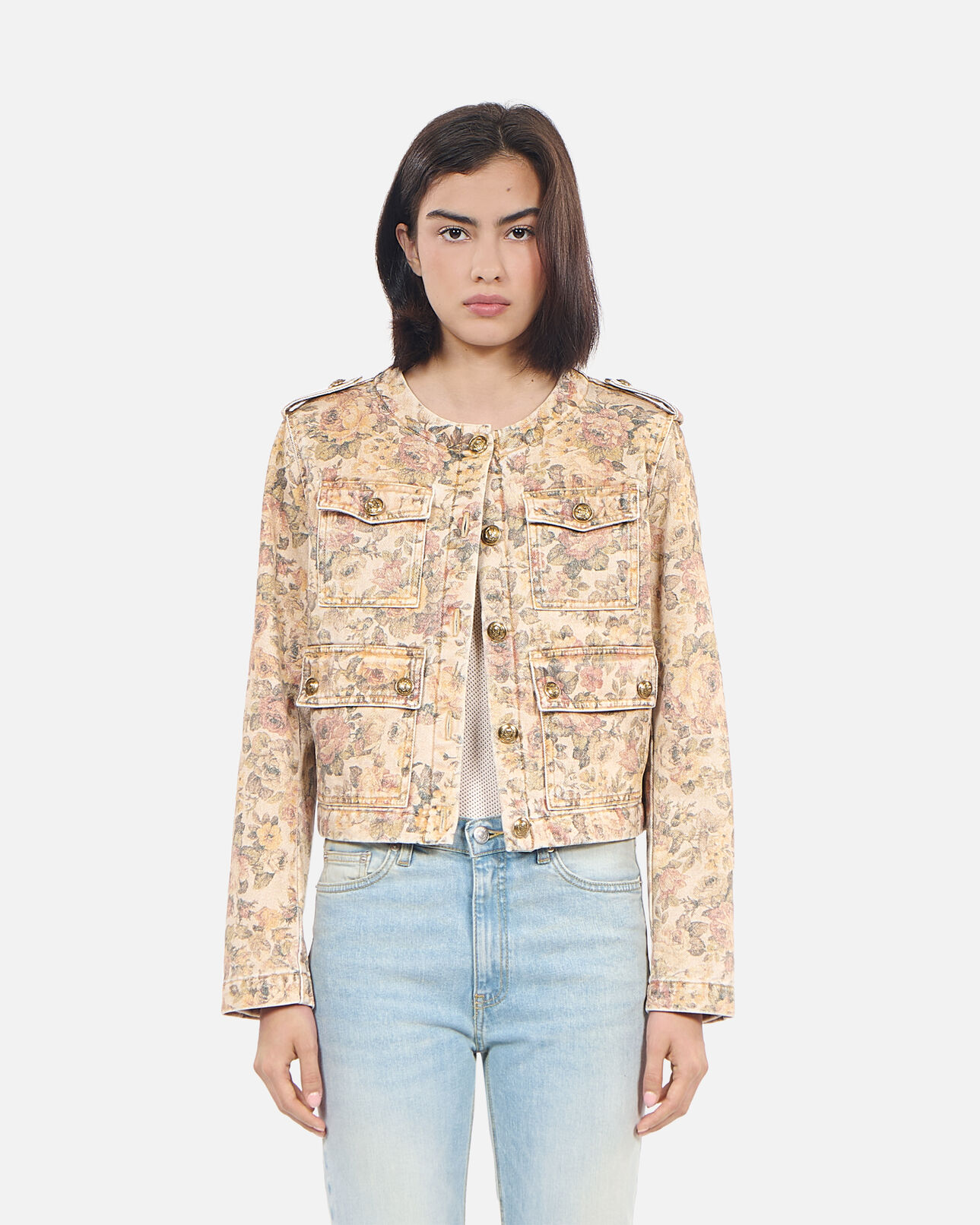 The Kooples FEMME BEIGE LINEN veste imprimé fleuri