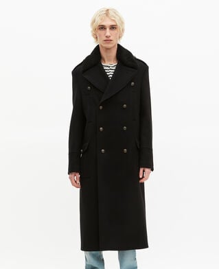 The Kooples MEN BLACK long black wool coat with sherpa collar