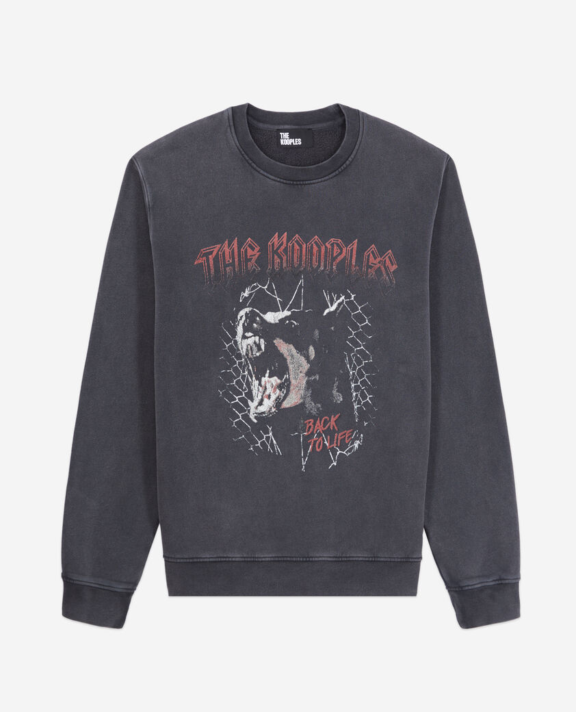 The Kooples H BLACK WASHED men's black sweatshirt with barking dog serigraphy