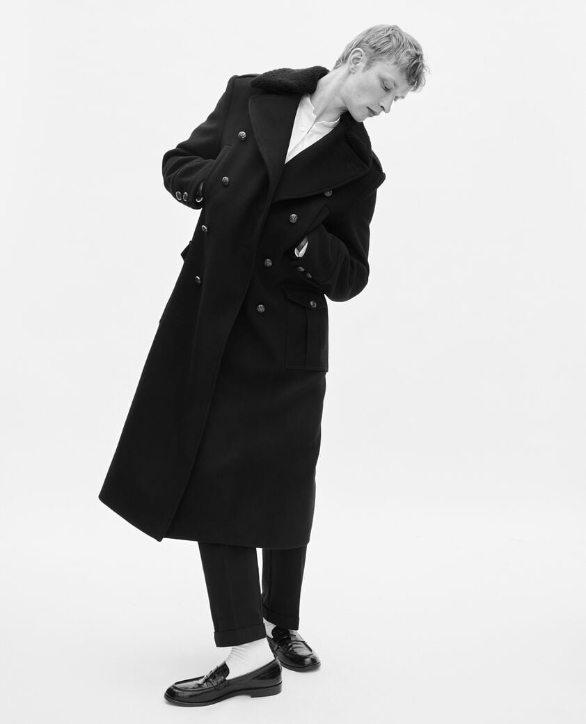 The Kooples MEN BLACK long coat with black sherpa collar