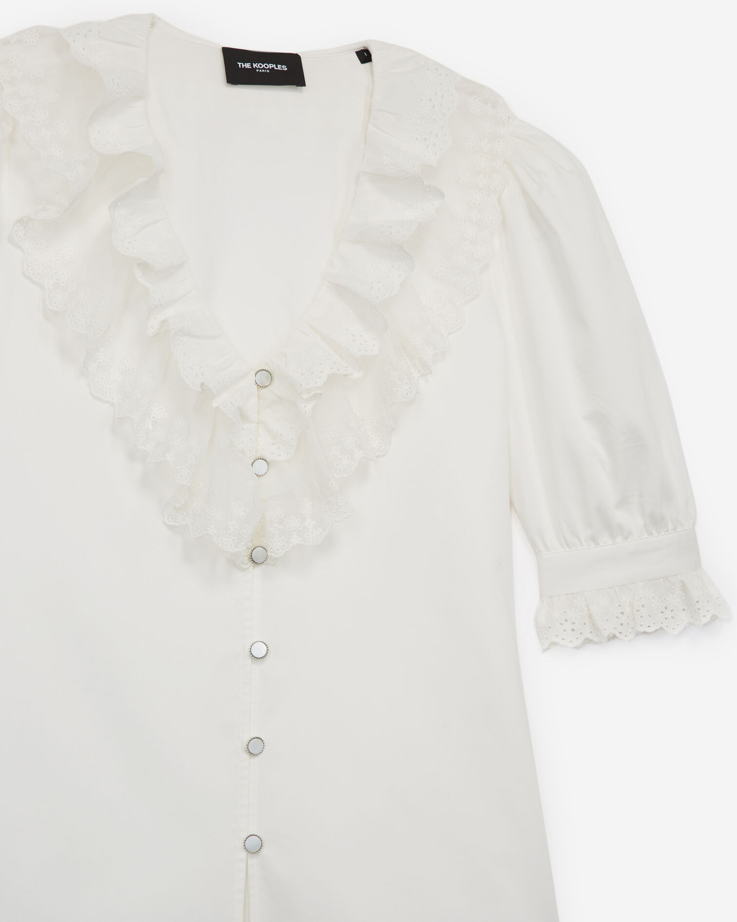 Buttoned ecru cotton shirt with frills, ECRU, hi-res image number null