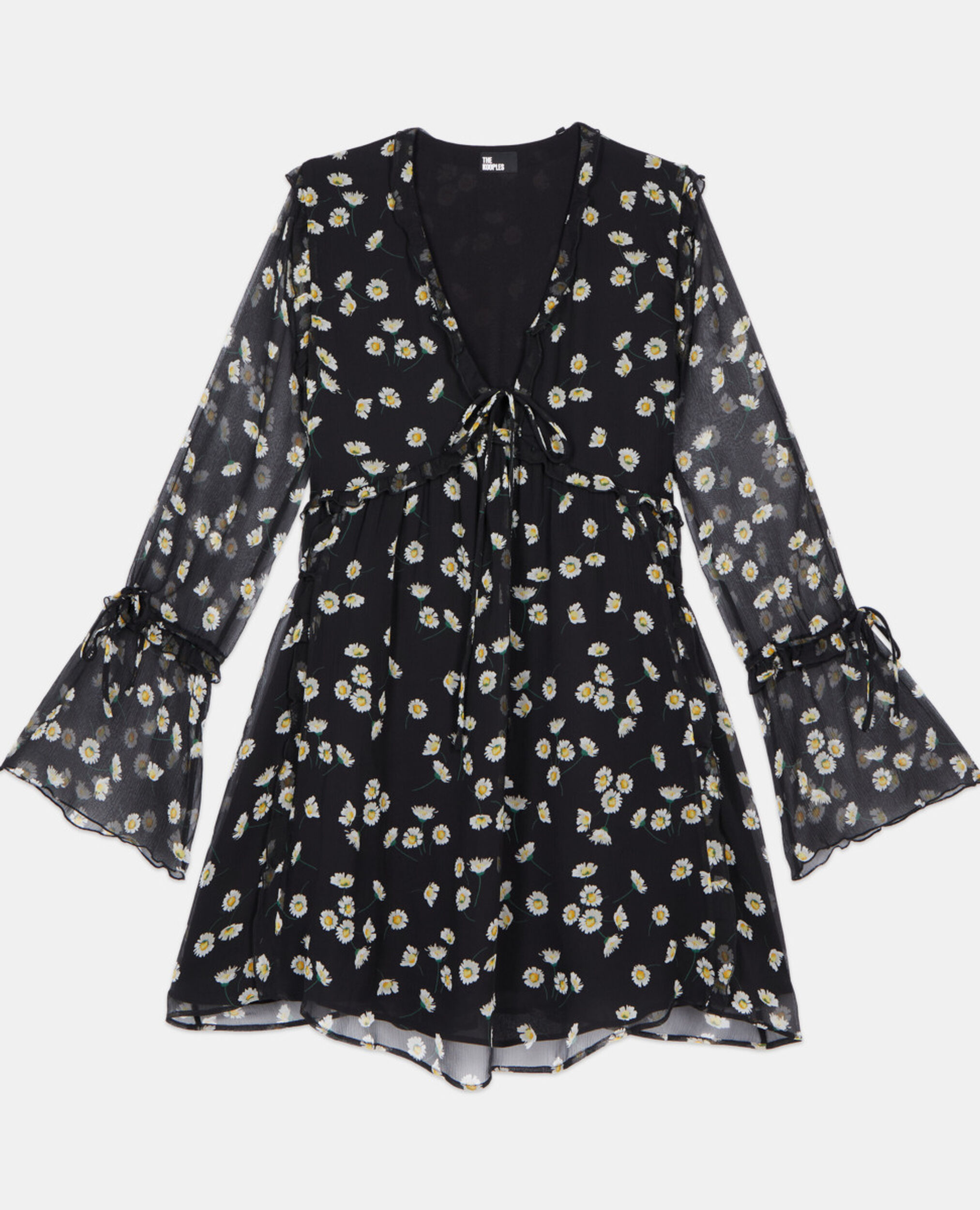 Floral printed silk short dress, BLACK WHITE, hi-res image number null